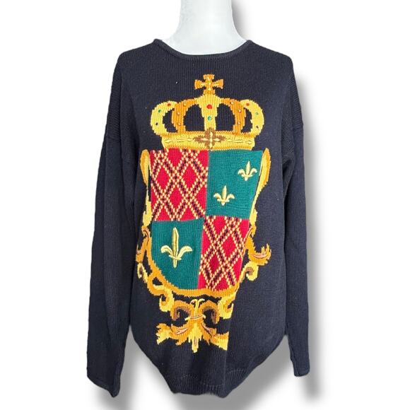 Vintage 90s Marisa Christina Black Knit Crewneck Crest Coat of Arms Sweater - Picture 2 of 13